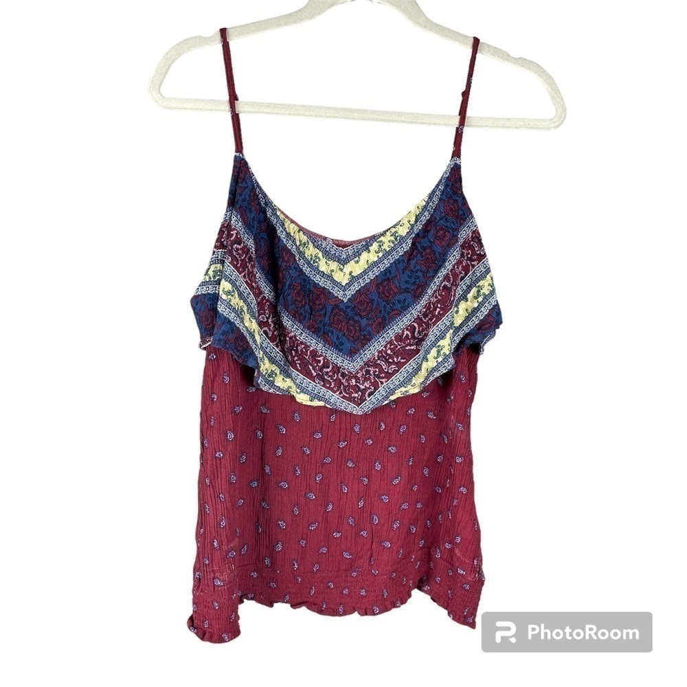 MAURICES Spaghetti Strap Blouse 100% Rayon Burgundy and Navy Blue Pattern